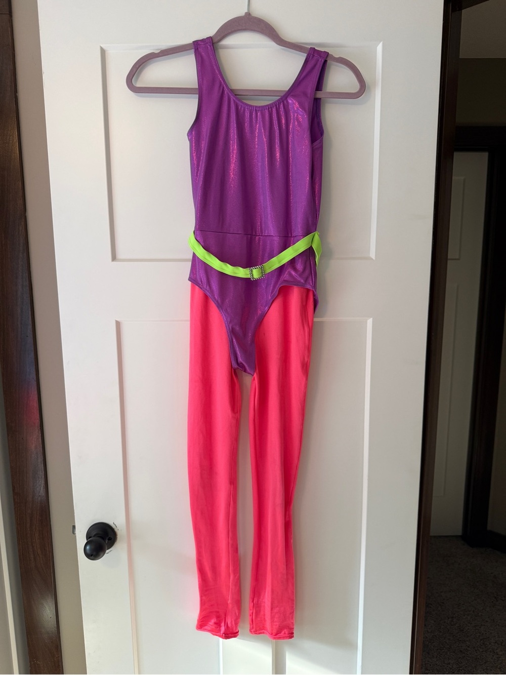 Large Child- 80’s Purple Shiny Leotard with Neon Pink Leggings dance costume